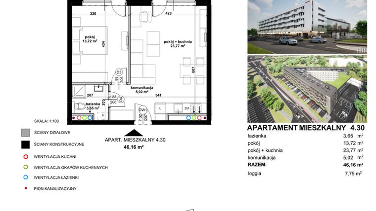 Rzut - Mieszkanie na sprzedaż 2 pokoje o powierzchni 46,11 m² - numer 4.30 w Apartamentowiec Zwycięska 3