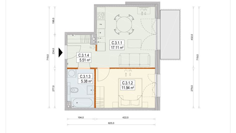 Rzut - Mieszkanie na sprzedaż 2 pokoje o powierzchni 39,94 m² - numer C.3.1 w Gardenia