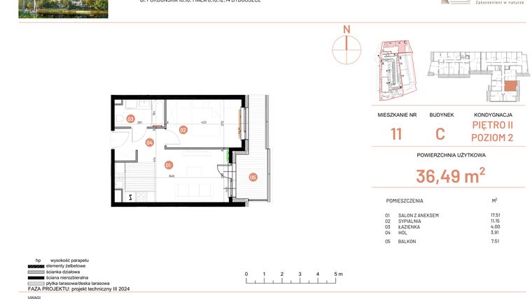 Rzut - Mieszkanie na sprzedaż 2 pokoje o powierzchni 36,49 m² - numer 18.11 w Osiedle Nowe Horyzonty etap II