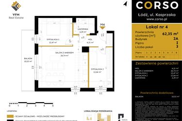 Rzut - Mieszkanie na sprzedaż 3 pokoje o powierzchni 62,35 m² - numer 2A.4 w Corso etap 2