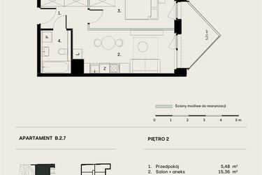 Rzut - Mieszkanie na sprzedaż 2 pokoje o powierzchni 36,11 m² - numer B/2/7 w Ogrodowa 12