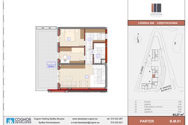 Rzut - Mieszkanie na sprzedaż 3 pokoje o powierzchni 63,43 m² - numer B.M.01 w Łódzka Osiedle