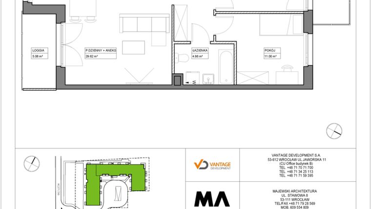Rzut - Mieszkanie na sprzedaż 3 pokoje o powierzchni 65,83 m² - numer PT/B/5/1 w Przystanek Tarnogaj