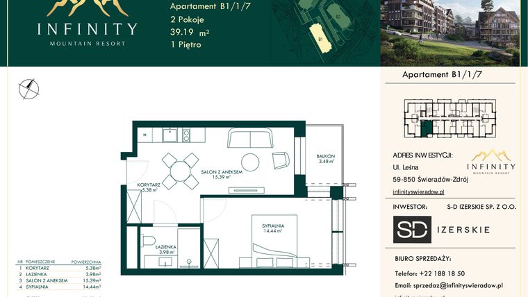 Rzut - Mieszkanie na sprzedaż 2 pokoje o powierzchni 39,19 m² - numer B1/1/7 w Infinity Mountain Resort etap 2