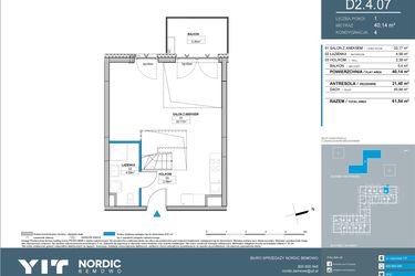 Rzut - Mieszkanie na sprzedaż 3 pokoje o powierzchni 61,54 m² - numer D2.4.07 w Nordic Bemowo - etap IV