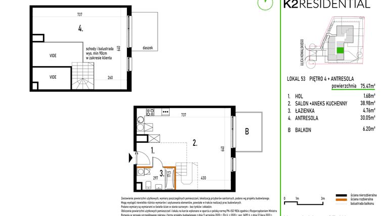 Rzut - Mieszkanie na sprzedaż 1 pokój o powierzchni 75,47 m² - numer 53 w Kowalskiego 37