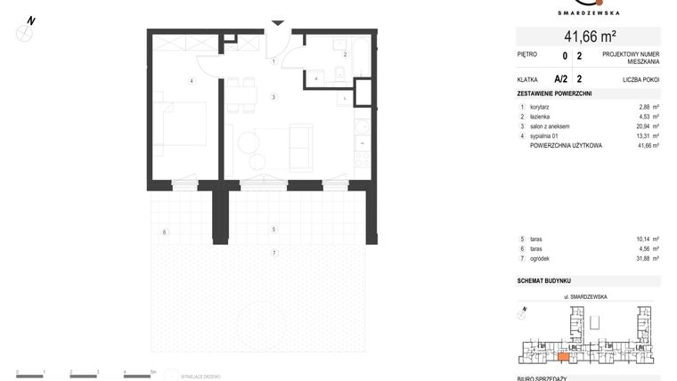 Rzut - Mieszkanie na sprzedaż 2 pokoje o powierzchni 41,66 m² - numer A/2/0.2 w Smardzewska 8