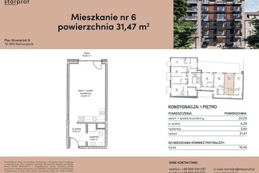 Rzut - Mieszkanie na sprzedaż 1 pokój o powierzchni 31,47 m² - numer M6 w Plac Słowiański 9