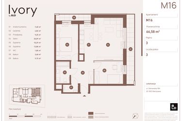 Rzut - Mieszkanie na sprzedaż 3 pokoje o powierzchni 66,58 m² - numer M16 w Ivory
