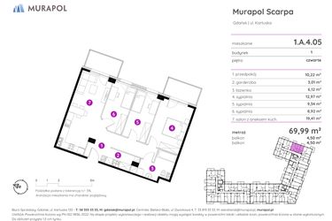 Rzut - Mieszkanie na sprzedaż 4 pokoje o powierzchni 69,99 m² - numer 1.A.4.05 w Murapol Scarpa