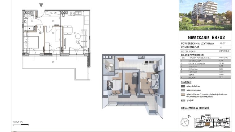 Rzut - Mieszkanie na sprzedaż 3 pokoje o powierzchni 46,07 m² - numer B4/02 w Apartamenty Zapolska