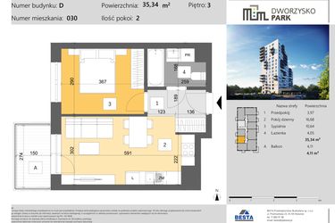 Rzut - Mieszkanie na sprzedaż 2 pokoje o powierzchni 35,34 m² - numer 30 w Dworzysko Park - Etap III