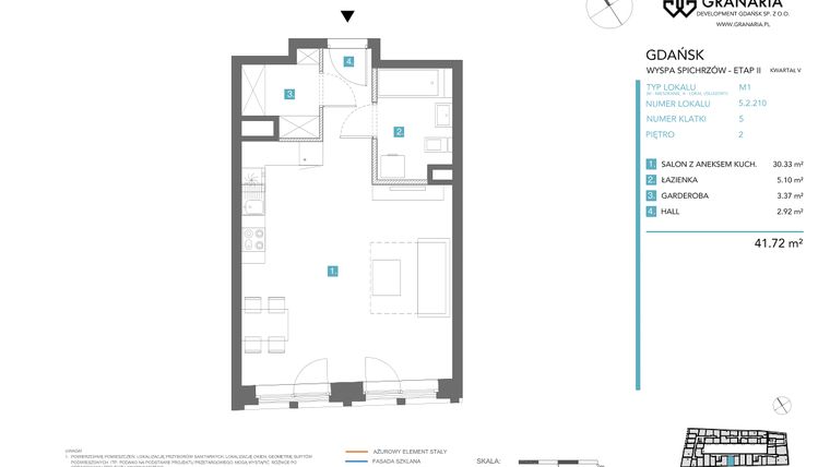Rzut - Mieszkanie na sprzedaż 1 pokój o powierzchni 41,72 m² - numer 5.2.210 w Granaria