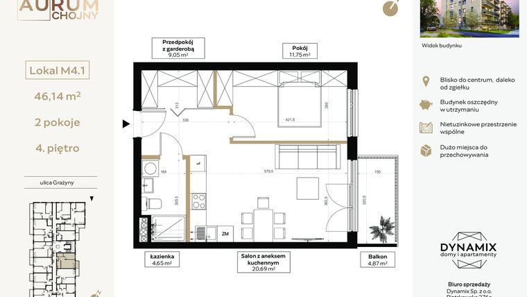 Rzut - Mieszkanie na sprzedaż 2 pokoje o powierzchni 46,14 m² - numer 4.01 w Aurum Chojny