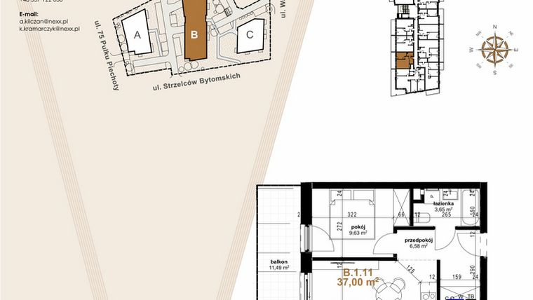 Rzut - Mieszkanie na sprzedaż 2 pokoje o powierzchni 37 m² - numer B.1.11 w Vanda Park