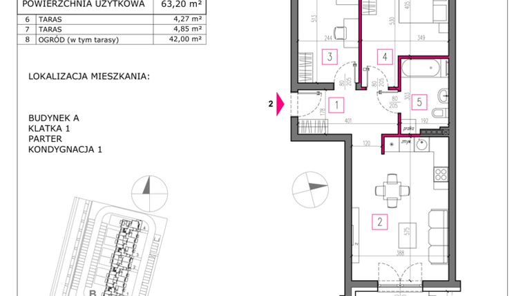 Rzut - Mieszkanie na sprzedaż 3 pokoje o powierzchni 63,2 m² - numer A/1K/1/2 w Słoneczny Zakątek