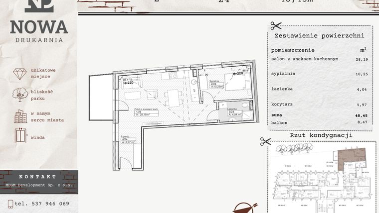 Rzut - Mieszkanie na sprzedaż 2 pokoje o powierzchni 48,45 m² - numer M24 w Nowa Drukarnia