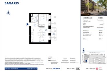 Rzut - Mieszkanie na sprzedaż 1 pokój o powierzchni 36,95 m² - numer AA0007 w Niedziałkowskiego Park