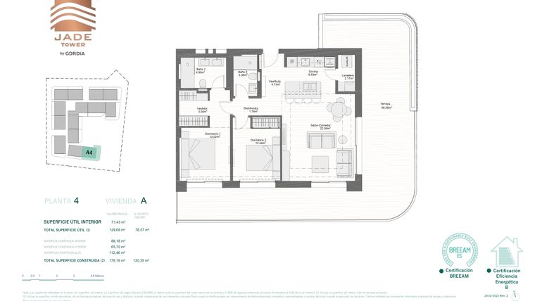 Rzut - Mieszkanie na sprzedaż 2 pokoje o powierzchni 129,38 m² - numer 4A w Jade Tower - Cordia