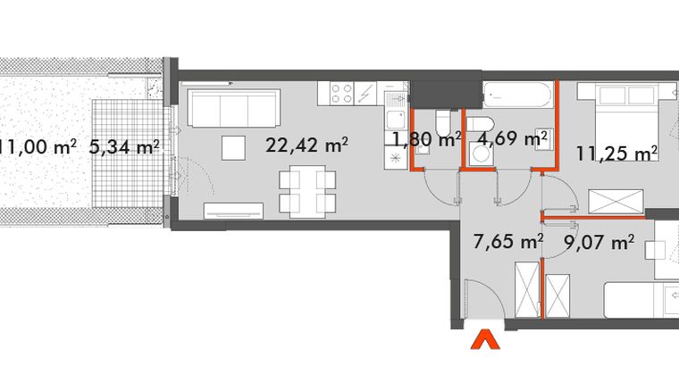 Rzut - Mieszkanie na sprzedaż 3 pokoje o powierzchni 56,88 m² - numer F1.A.00.04 w Splot Wola