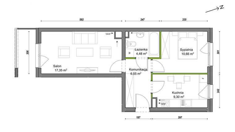 Rzut - Mieszkanie na sprzedaż 2 pokoje o powierzchni 48,34 m² - numer E2/H/09 w Orawska Vita