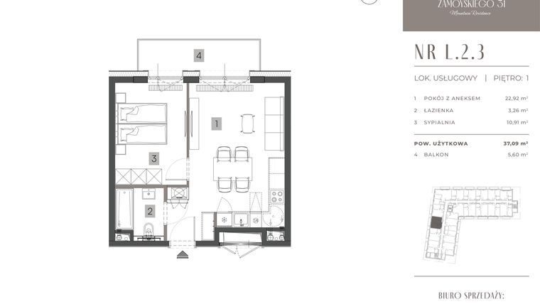 Rzut - Mieszkanie na sprzedaż 2 pokoje o powierzchni 37,09 m² - numer L.2.3 w Zamoyskiego 31