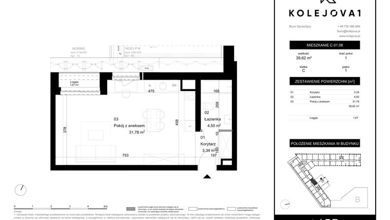 Rzut - Mieszkanie na sprzedaż 1 pokój o powierzchni 39,62 m² - numer C-01-08 w Kolejova 1
