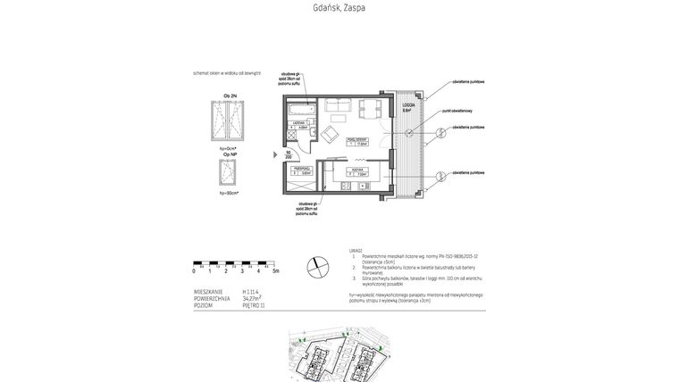 Rzut - Mieszkanie na sprzedaż 1 pokój o powierzchni 34,27 m² - numer H.1.11.4 w City Park bud. G i H