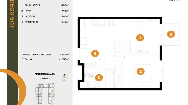 Rzut - Mieszkanie na sprzedaż 2 pokoje o powierzchni 38,44 m² - numer 17 w CLOU LINDEGO