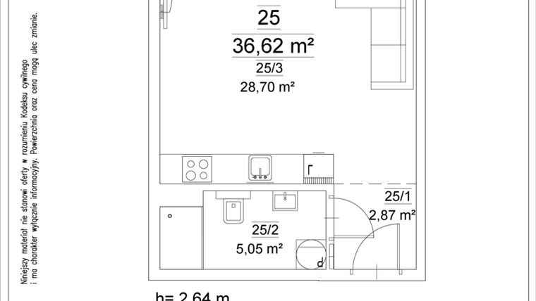 Rzut - Mieszkanie na sprzedaż 1 pokój o powierzchni 36,62 m² - numer 25 w Osiedle Teatralne 19