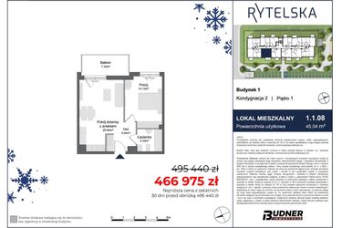 Rzut - Mieszkanie na sprzedaż 2 pokoje o powierzchni 45,04 m² - numer 1.1.08 w Rytelska