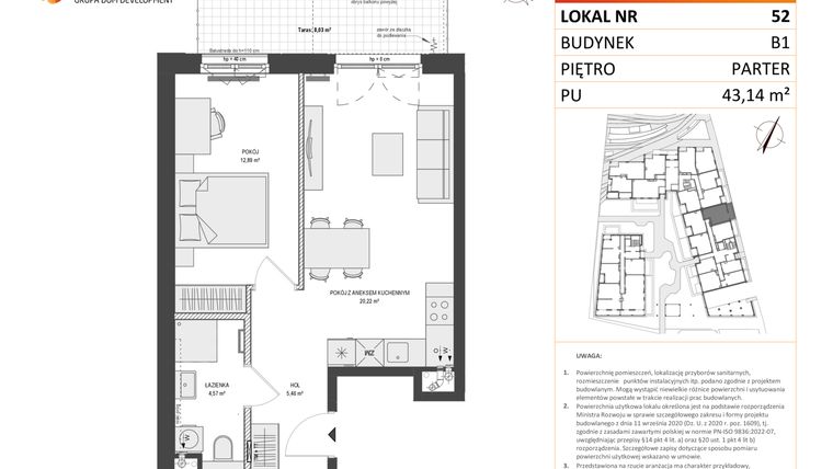 Rzut - Mieszkanie na sprzedaż 2 pokoje o powierzchni 43,14 m² - numer B1.52 w Zajezdnia Motława