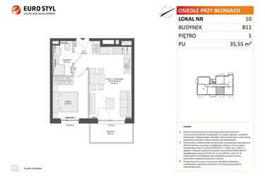 Rzut - Mieszkanie na sprzedaż 2 pokoje o powierzchni 35,55 m² - numer B11.10 w Osiedle Przy Błoniach 3 etap IV