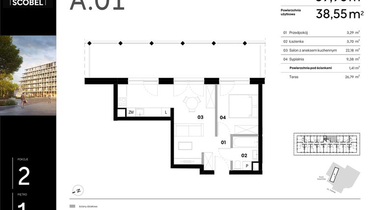 Rzut - Mieszkanie na sprzedaż 2 pokoje o powierzchni 39,96 m² - numer A.01 w Browar HUGO SCOBEL