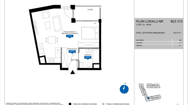 Rzut - Mieszkanie na sprzedaż 1 pokój o powierzchni 38,76 m² - numer B23 313 w Flow - bud. B2 A i bud. B2 B