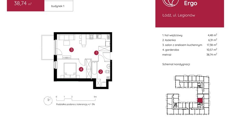Rzut - Mieszkanie na sprzedaż 1 pokój o powierzchni 38,74 m² - numer 1.B.1.01 w Murapol Ergo