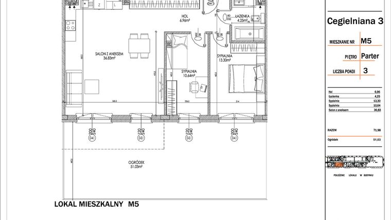 Rzut - Mieszkanie na sprzedaż 3 pokoje o powierzchni 71,98 m² - numer 5 w Osiedle StaLove etap I