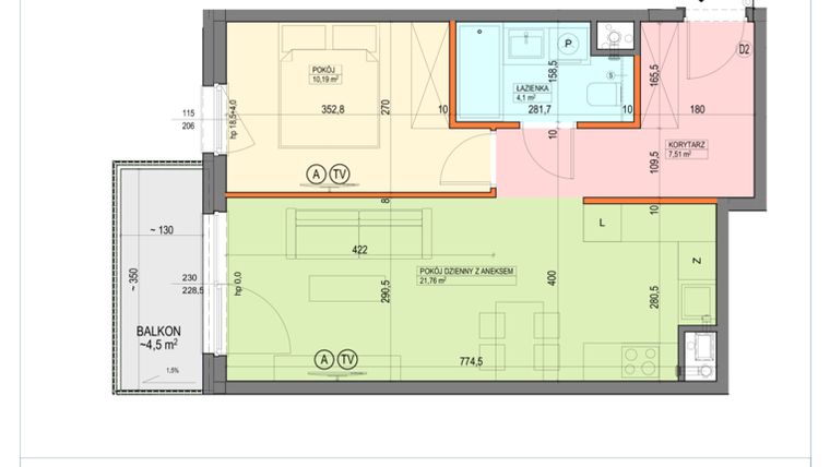 Rzut - Mieszkanie na sprzedaż 2 pokoje o powierzchni 43,56 m² - numer B1.3.20.2a w Junique I.II