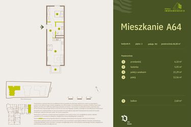 Rzut - Mieszkanie na sprzedaż 2 pokoje o powierzchni 46 m² - numer A64 w Osiedle Imbramowskie
