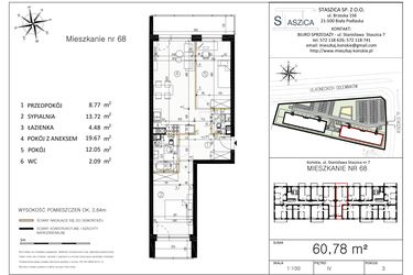 Rzut - Mieszkanie na sprzedaż 3 pokoje o powierzchni 60,78 m² - numer M68 w Staszica