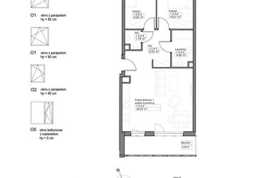 Rzut - Mieszkanie na sprzedaż 3 pokoje o powierzchni 61,6 m² - numer B.1.3.4 w Optima VIII