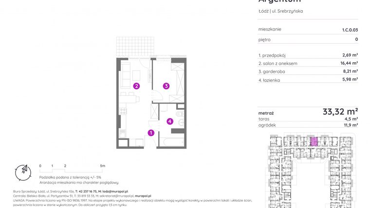 Rzut - Mieszkanie na sprzedaż 1 pokój o powierzchni 33,36 m² - numer 1.C.0.03 w Murapol Argentum
