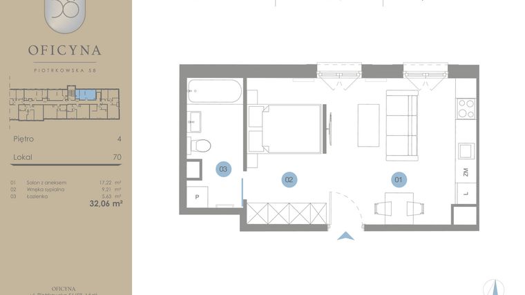 Rzut - Mieszkanie na sprzedaż 1 pokój o powierzchni 32,06 m² - numer 70 w Oficyna - mieszkania