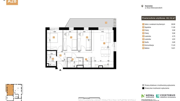 Rzut - Mieszkanie na sprzedaż 4 pokoje o powierzchni 82,16 m² - numer 28 w Nowy Sosnowiec
