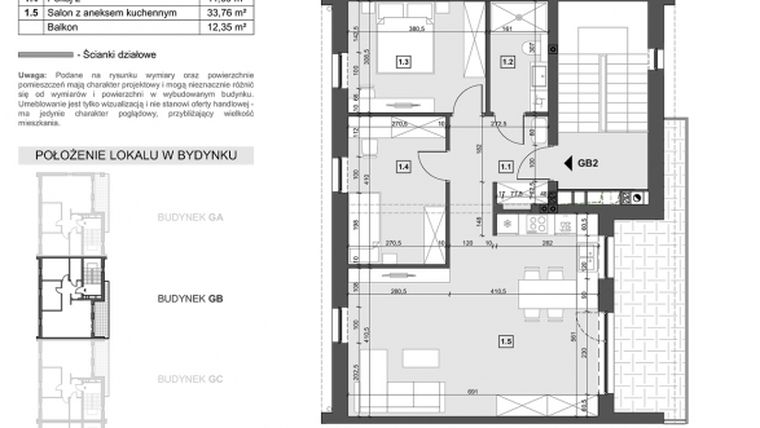 Rzut - Mieszkanie na sprzedaż 3 pokoje o powierzchni 69,25 m² - numer GB2 w Wzgórze Zelwerowicza
