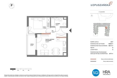 Rzut - Mieszkanie na sprzedaż 2 pokoje o powierzchni 43,17 m² - numer J.5.7 w Łopuszańska 47 - etap 3