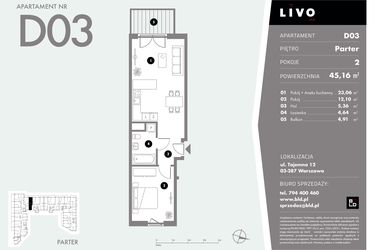 Rzut - Mieszkanie na sprzedaż 2 pokoje o powierzchni 45,16 m² - numer D03 w Livo