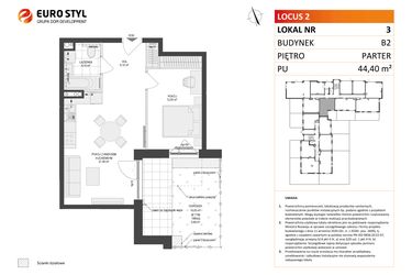 Rzut - Mieszkanie na sprzedaż 2 pokoje o powierzchni 44,4 m² - numer 3 w Locus 2 bud. B2