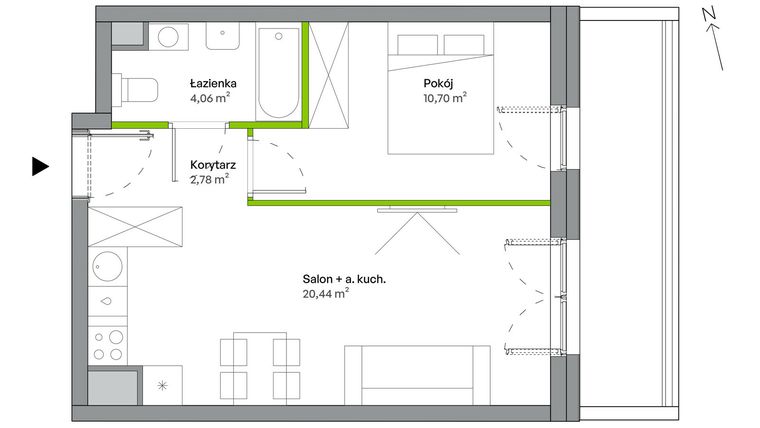 Rzut - Mieszkanie na sprzedaż 2 pokoje o powierzchni 37,98 m² - numer B.05.01.07 w WUWA Vita