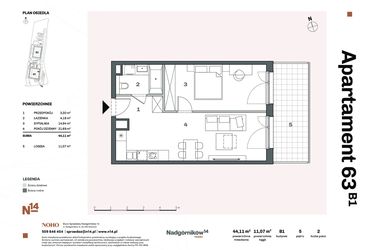 Rzut - Mieszkanie na sprzedaż 2 pokoje o powierzchni 44,33 m² - numer B1.63 w Nadgórników 14